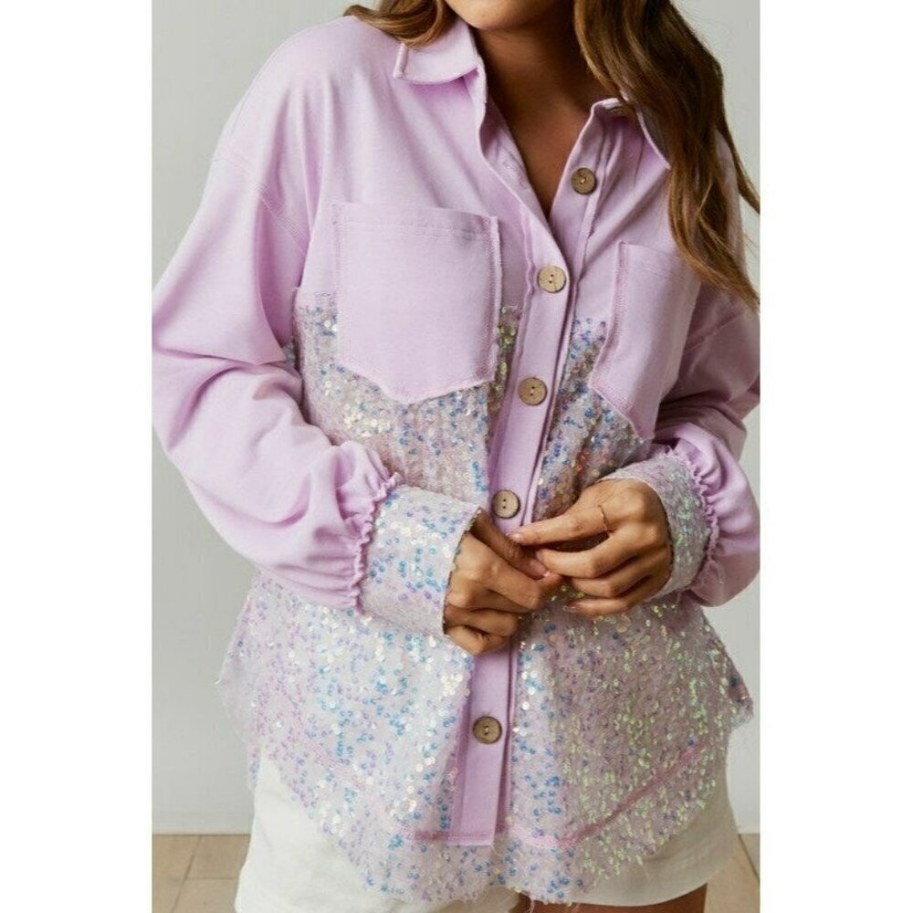 All Things Bling Sequin Contrast Color Block Shacket in Lavender - Picture 8 of 8
